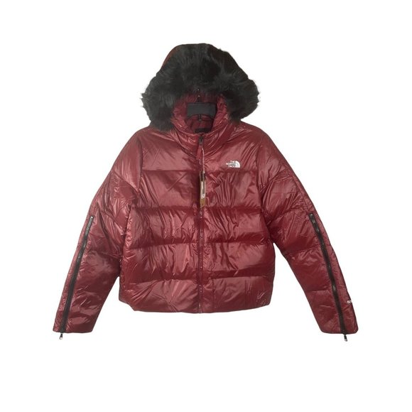NEW THE NORTH FACE GLADES FAUX FUR HOODED 550 FILL DOWN SHORT JACKET SIZE L Red